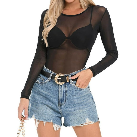 Womens Mesh Long Sleeve Tops See Through Tee Shirts Party Club Night Lace Blouse Long Black XL