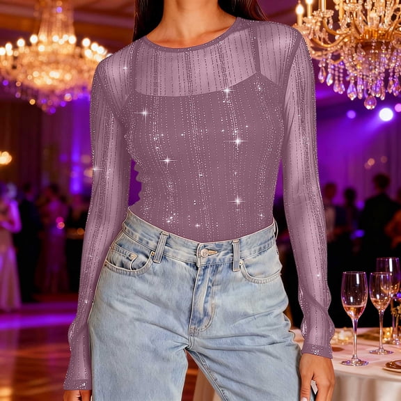 Womens Mesh Long Sleeve Tops Sparkly Crew Neck Sheer Tee Shirts Party Club Slim Fitting Blouse Purple S