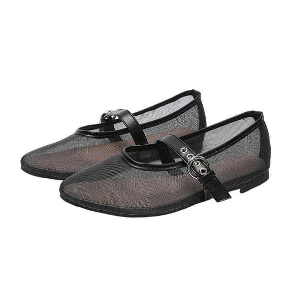 Womens Mesh Mary Jane Flats Breathable Ballet Flats with Adjustable Buckle Strap Black,Size 6