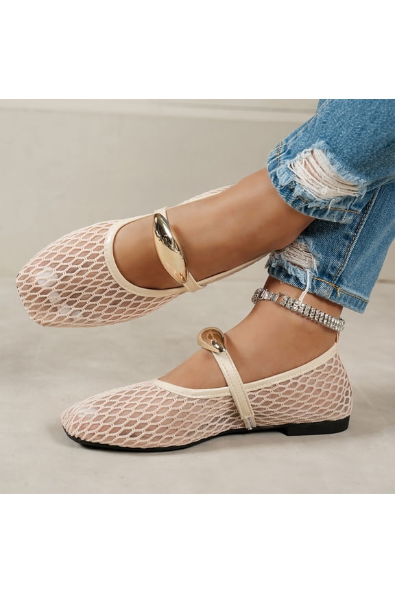 Womens Mesh Mary Janes Square Toe Flat Shoes Metallic Buckle Ballet Flats,Comfortable Lightweight Breathable Hollow Out Design For Summer,Non Slip Flexible Soft Sole Silent Walking Travel