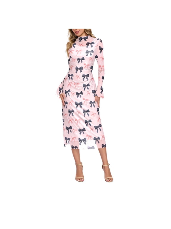 Womens Mesh Mock Neck Midi Dress Long Flare Sleeve Ruched Waist Bodycon Dress with Side Invisible Zipper Pink Black Bows Pattern Print
