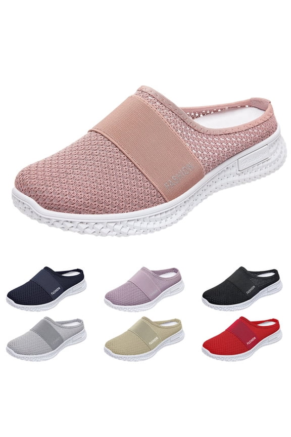 Womens Mesh Mule Flats Backless Breathable Mesh Walking Mules Sneakers Open Back Slip On Shoes Closed Toe Slides Slippers Comfortable Lightweight Casual Soft Soles,Pink,40