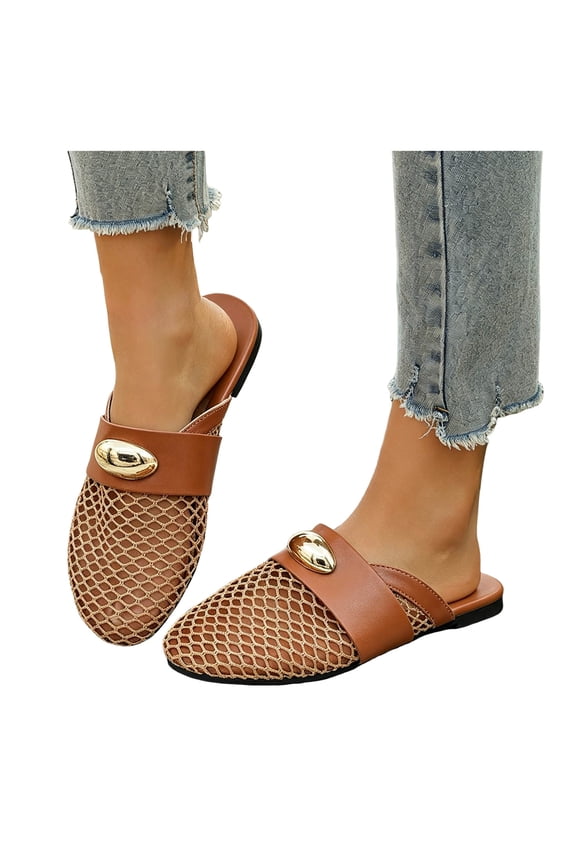 Womens Mesh Mules Leopard Print Flat Sandals Trendy Fishnet Closed Toe Wide Width Slip on Slides Beach Shoes Brown Size 8