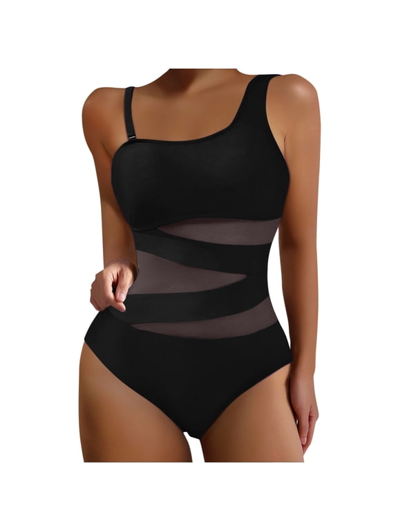 Womens Mesh One Shoulder One Piece Swimsuit Slimming High Cut Bathing Suit