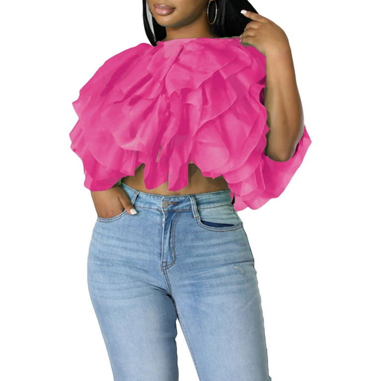 Womens Mesh Puffy Tulle Crop Tops Ruched Chiffon Fairy Shirt