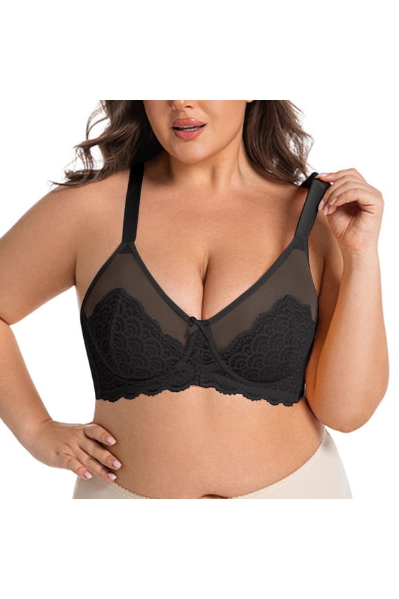 Womens Mesh Push Up Bras Plus Size See Through Lace Unlined Bralettes Full Coverage Wireless Bra Everyday Wear, 40/90C Black