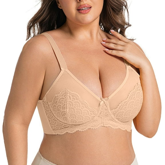 Womens Mesh Push Up Bras Plus Size See Through Lace Unlined Bralettes Full Coverage Wireless Bra Everyday Wear, 42/95D Beige