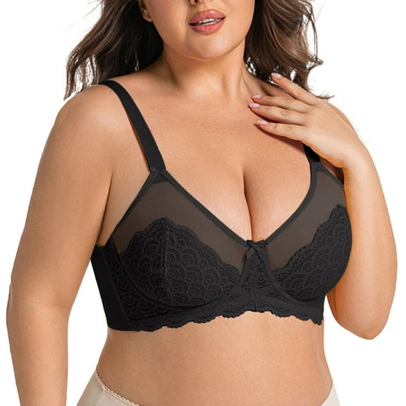 Womens Mesh Push Up Bras Plus Size See Through Lace Unlined Bralettes Full Coverage Wireless Bra Everyday Wear, 42/95D Black