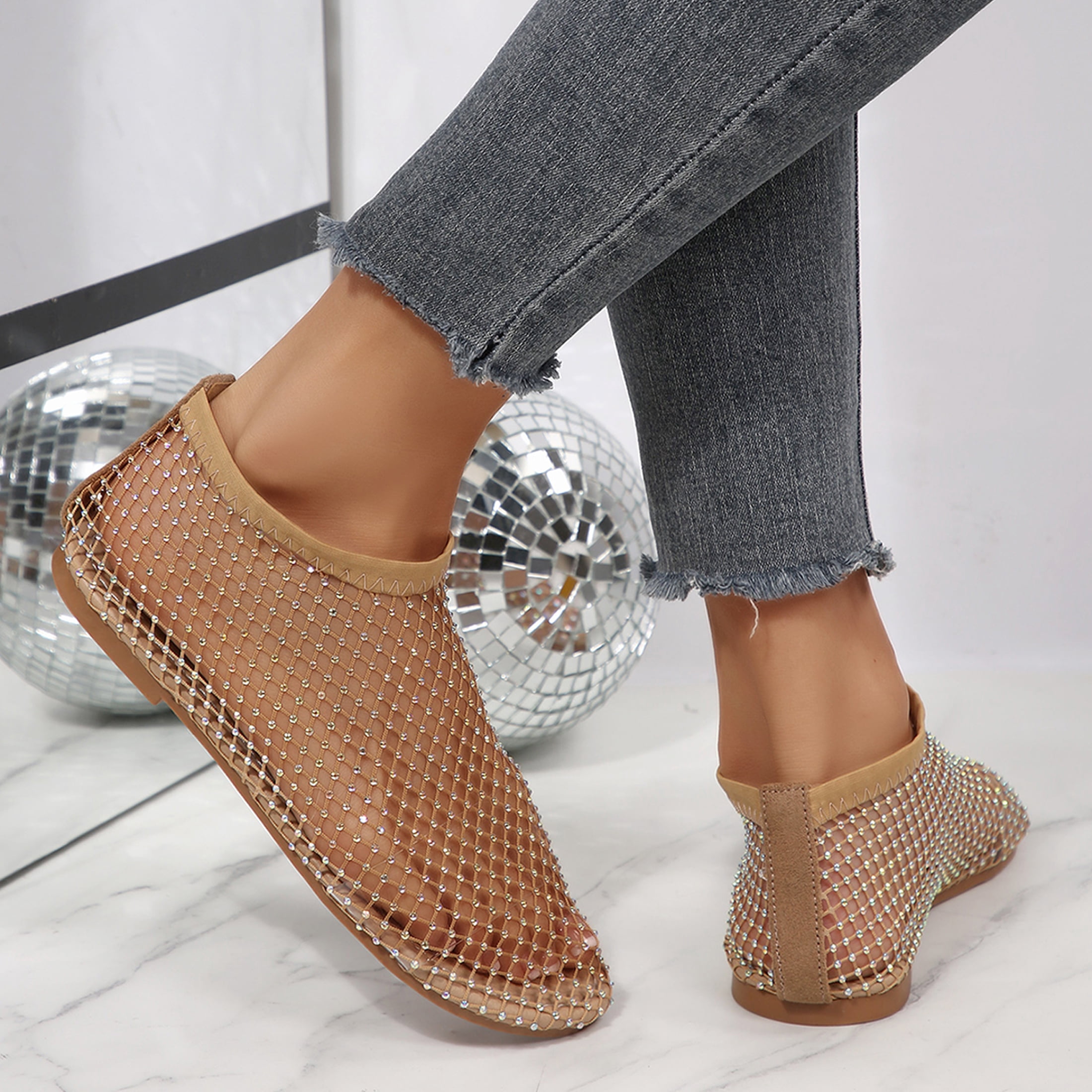 Brysta Rhinestone Womens Mesh Sandals Closed Round Toe Summer Party Casual Dress Walking ...