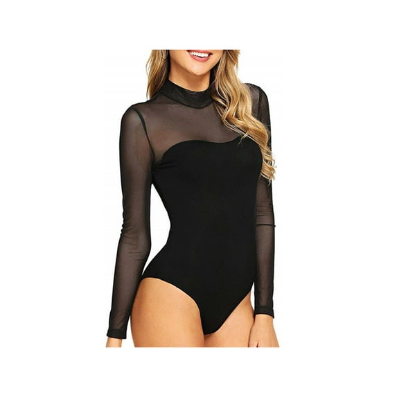 Womens Mesh Sheer Bodysuit Ladies Hollow Long Sleeve Leotard Tops Shirt Jumpsuit