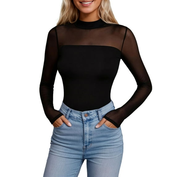 Womens Mesh Sheer Long Sleeve Top Turtle Neck See Though Shirts Ruched Casual Going Out Blouses Black L