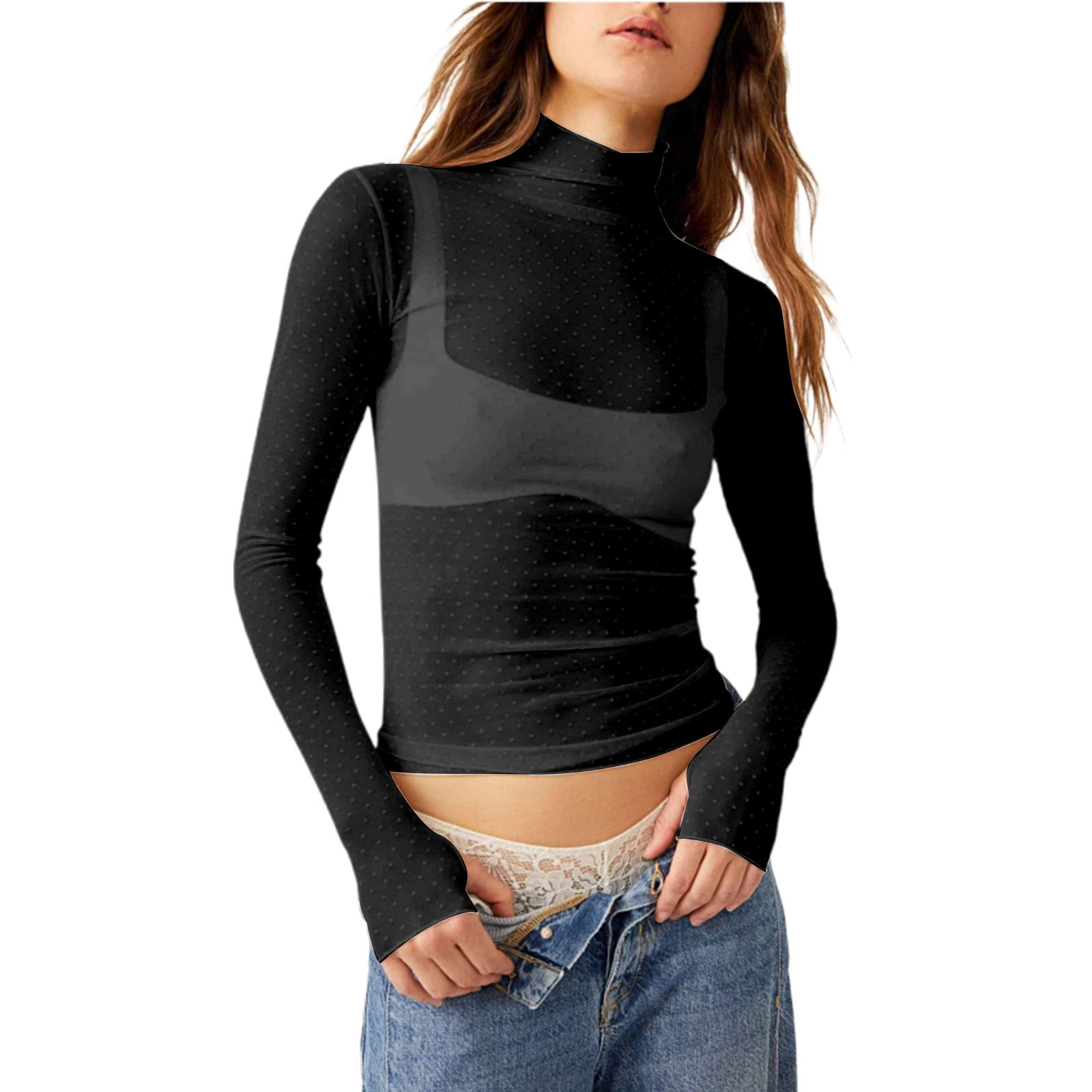 Womens Mesh Sheer Top Neck Long Sleeve Polka Dot See Through T