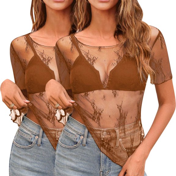 Womens Mesh Sheer Tops Sexy Crew Neck Summer Loose FIt Party Clubwear Shirts