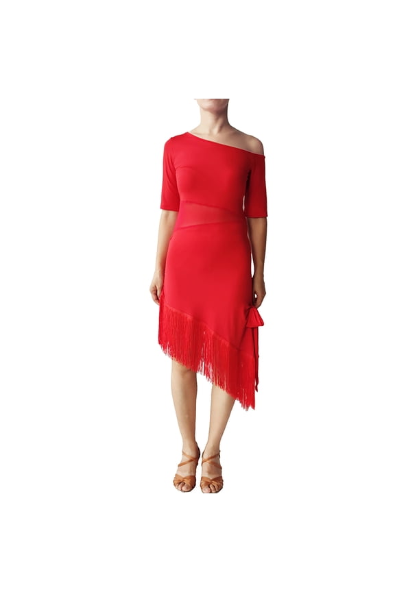 Womens Mesh Tassels Latin Competition Dance Dress Rumba Samba Cha Cha Ballroom Clothing