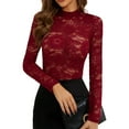 thumbnail image 1 of Womens Mesh Top Long Sleeve Mock Neck Sheer Blouse See Through Floral Lace Tops Wine Red XXL, 1 of 7