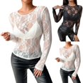 thumbnail image 1 of Womens Mesh Tops JIANLAI Lace Long Sleeve Shirts Crewneck Slim Fitted Outfits See Through Blouses (S-2XL) Black, 1 of 5