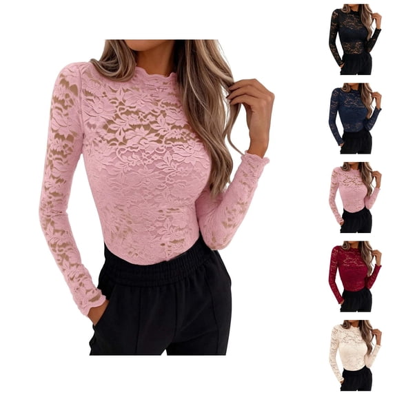 Womens Mesh Tops Lace Long Sleeve Shirts Crewneck Slim Fitted Outfits See Through Blouses