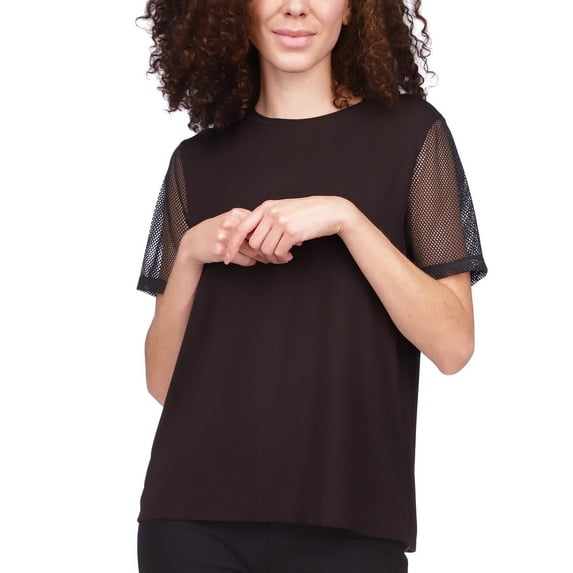 Womens Mesh-Trimmed Split-Back Top, Black, Size XX-Large