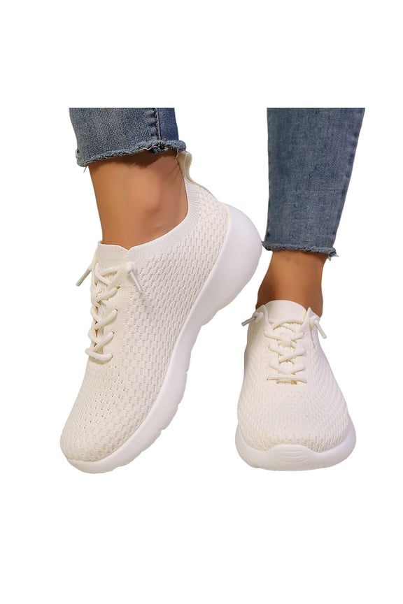 Womens Mesh Walking Shoes Casual Lace up Soft Sole Sneakers Lightweight Slip on Athletic Running Shoes Low Top Loafers Beige Size 6.5