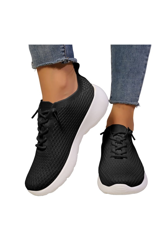Womens Mesh Walking Shoes Casual Lace up Soft Sole Sneakers Lightweight Slip on Athletic Running Shoes Low Top Loafers Black Size 9.5