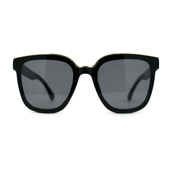 Womens Metal Brow Line Inset Lens Horn Rim Fashion Sunglasses All Black