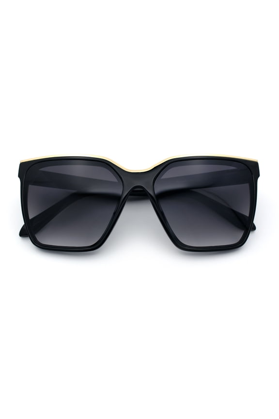 Womens Metal Brow Oversized High Temple Rectangle Plastic Sunglasses Black - Smoke