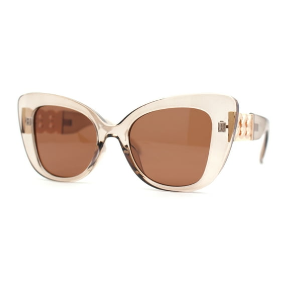 Womens Metal Chain Arm Large Thick Cat Eye Sunglasses Beige - Brown