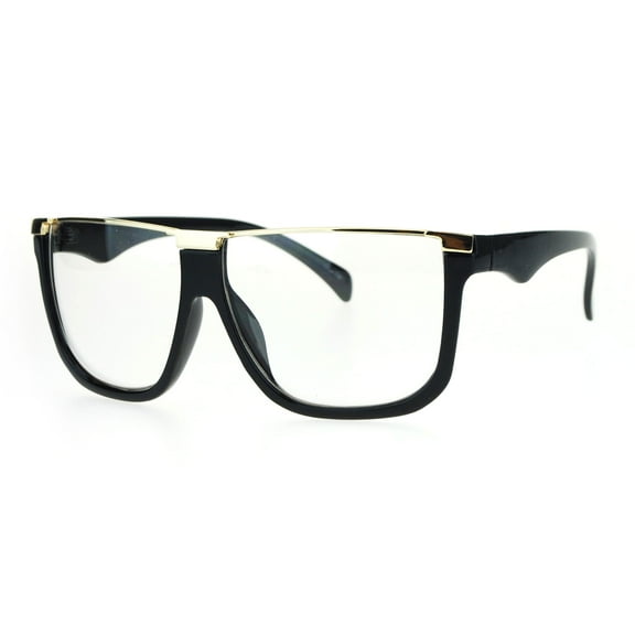 Womens Metal Flat Top Mob Oversize Rectangular Clear Lens Glasses Gold Black