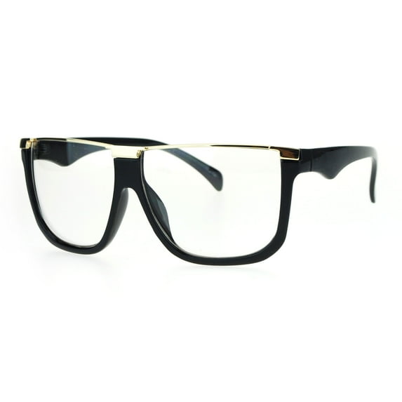 Womens Metal Flat Top Mob Oversize Rectangular Clear Lens Glasses Gold Black