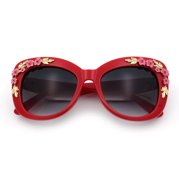 Womens Metal Flower Foliage Jewel Brow Trim Oversize Cat Eye Sunglasses Red - Smoke