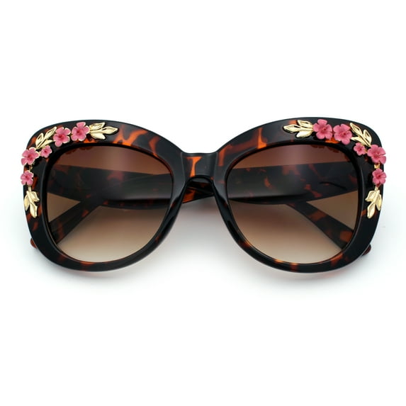 Womens Metal Flower Foliage Jewel Brow Trim Oversize Cat Eye Sunglasses Tortoise - Brown