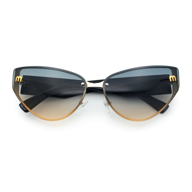 Womens Metal Frame Rimless Oversized Luxury Fashion Cat Eye Sunglasses Gold Black - Blue Beige