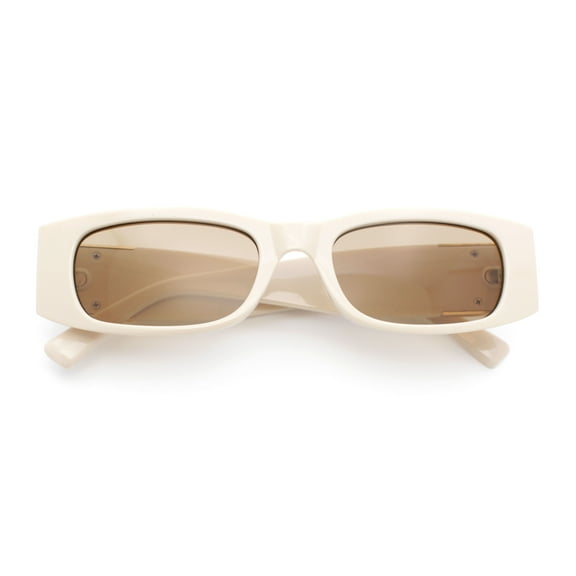Womens Metal Pyramid Jewel Hinge Narrow Rectangle Retro Chic Plastic Sunglasses Beige - Brown