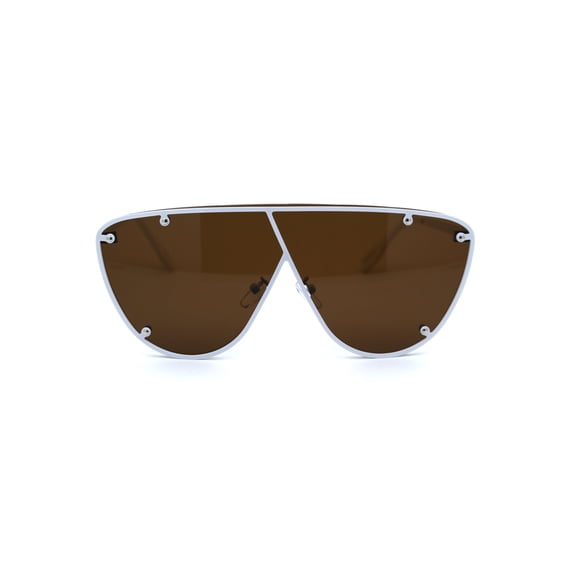 Womens Metal Rim Flat Top Mobster Shield Diva Sunglasses White Solid Brown