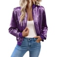 thumbnail image 1 of Womens Metallic Bomber Jacket Casual Full Zip Long Sleeve Coats Fashion Lightweight Comfy Outerwear S-XXL, 1 of 5