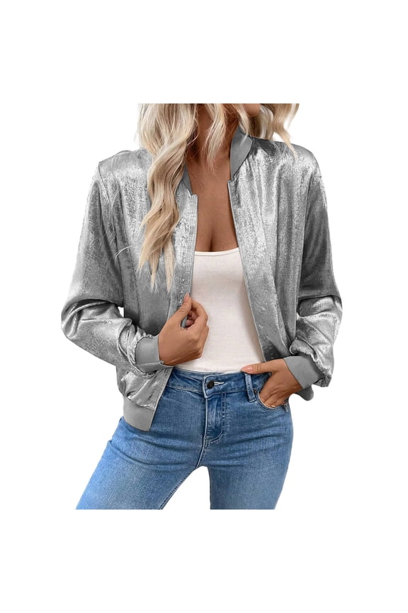 Womens Metallic Bomber Jacket Casual Full Zip Long Sleeve Coats Fashion Lightweight Comfy Outerwear S-XXL