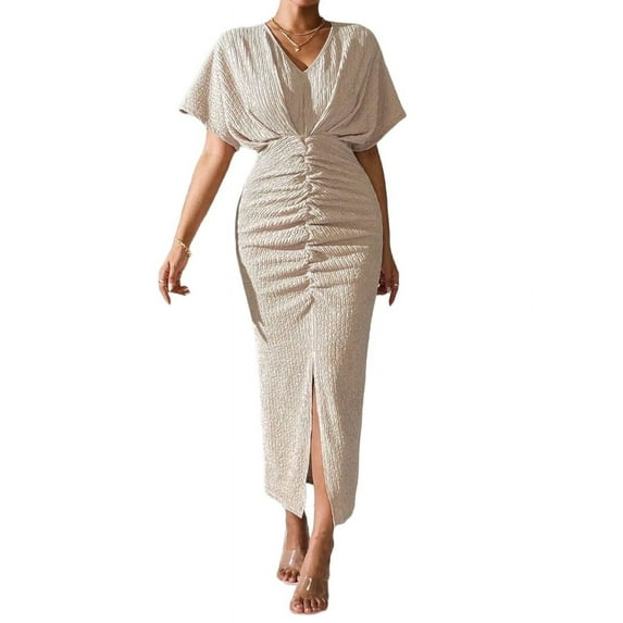 Womens Metallic Faux Wrap Cocktail Dress Solid Color V-Neck Pleated High Slit Short Sleeve Midi Dress M