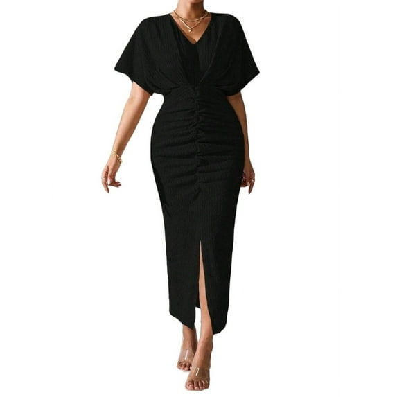 Womens Metallic Faux Wrap Cocktail Dress Solid Color V-Neck Pleated High Slit Short Sleeve Midi Dress Black XL