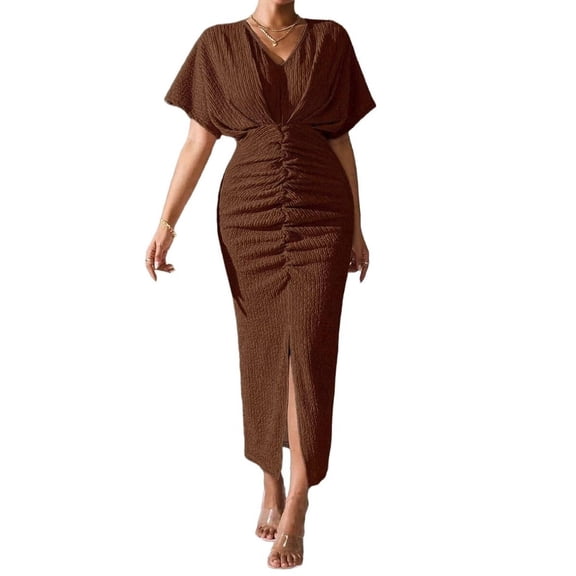 Womens Metallic Faux Wrap Cocktail Dress Solid Color V-Neck Pleated High Slit Short Sleeve Midi Dress Coffee Color L