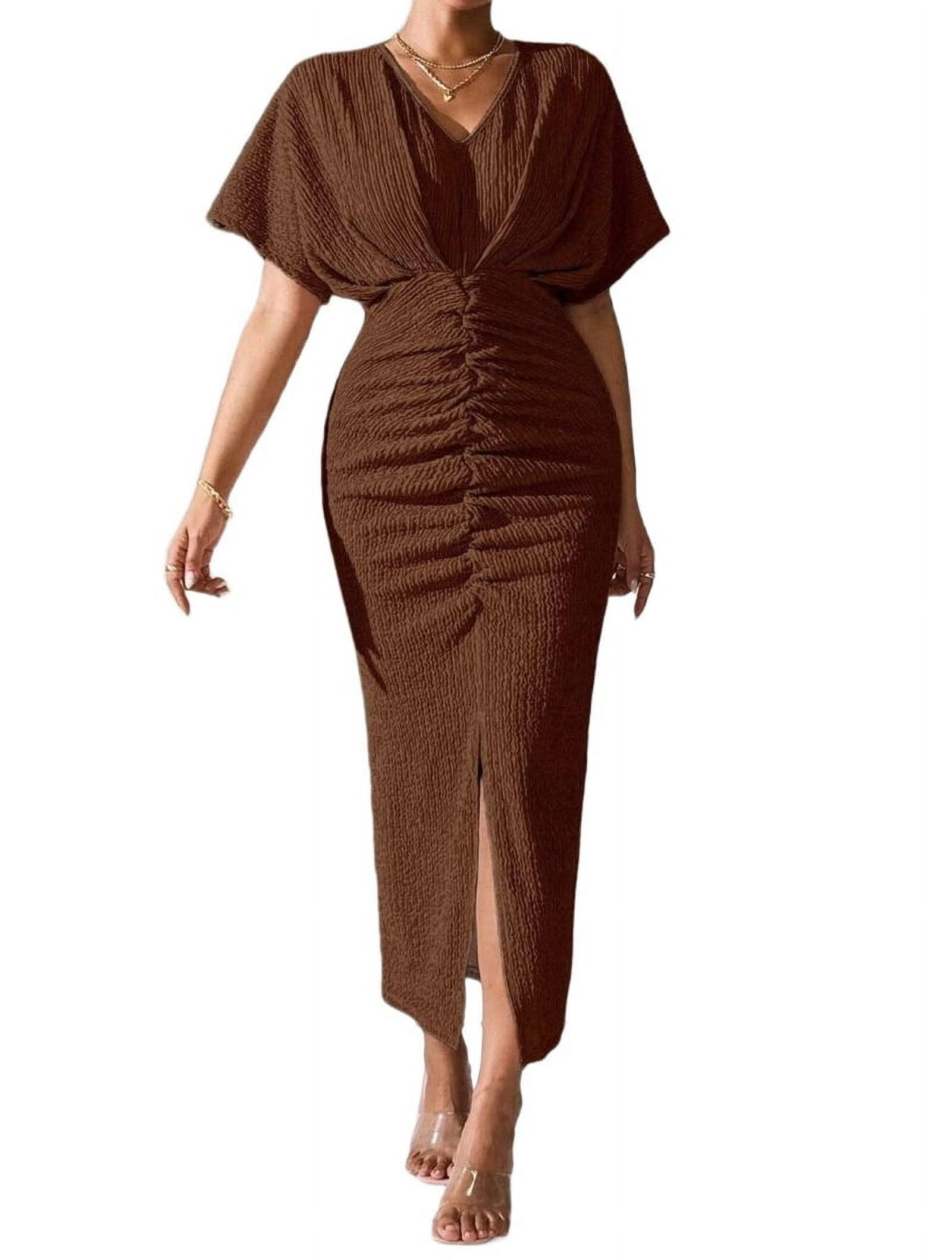 Womens Metallic Faux Wrap Cocktail Dress Solid Color V-Neck Pleated High  Slit Short Sleeve Midi Dress Green M - Walmart.com