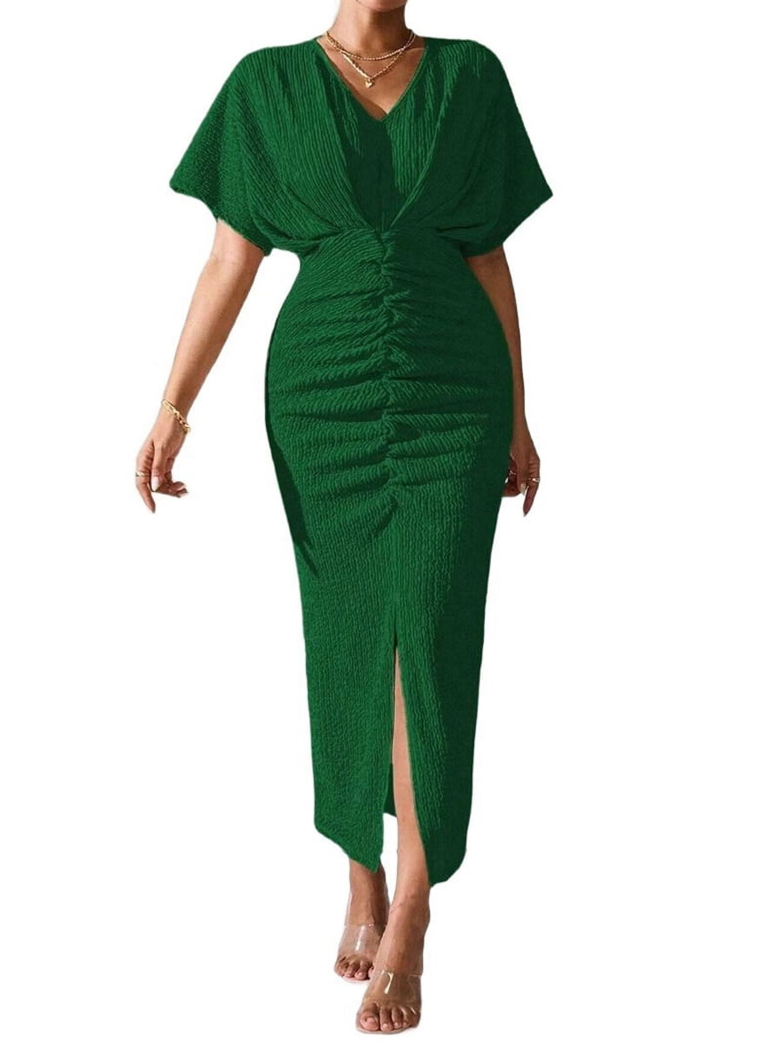 Mawalde Womens Metallic Faux Wrap Cocktail Dress Solid Color V-Neck Pleated  High Slit Short Sleeve Midi Dress Green M - Walmart.com