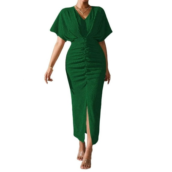 Womens Metallic Faux Wrap Cocktail Dress Solid Color V-Neck Pleated High Slit Short Sleeve Midi Dress Green XL