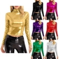 thumbnail image 1 of Womens Metallic Finish Mock Neck Top Long Sleeve Cropped Style Stretch Basic Tee, 1 of 7