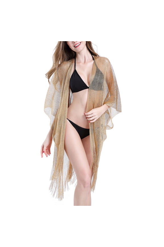 Womens Metallic Glitter Color Swimsuit Cover Up Long Tassels Asymme