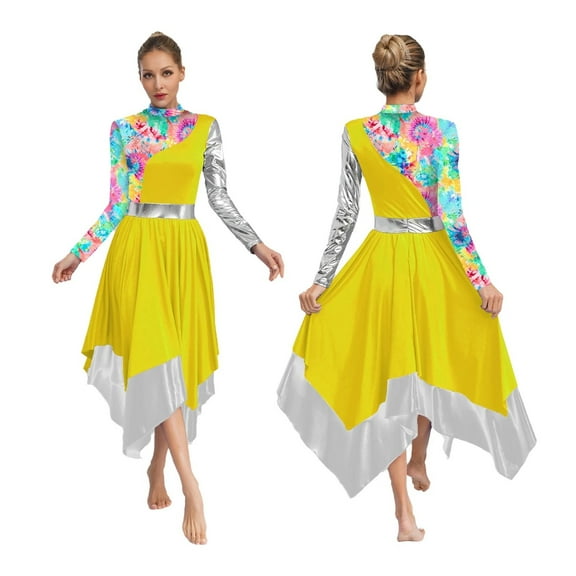 Womens Metallic Glossy Ballet Lyrical Dance Dresses Print Liturgical Praise Choir