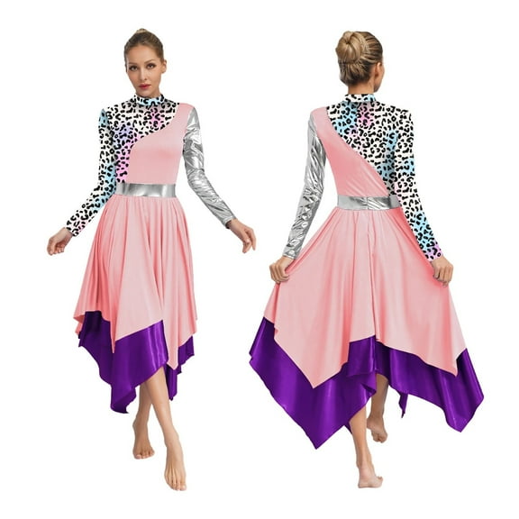 Womens Metallic Glossy Ballet Lyrical Dance Dresses Print Liturgical Praise Choir