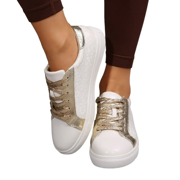 Womens Metallic Gold Color Block Low Top Fashion Sneakers Spring Fall Bling Casual Walking Flat Shoes