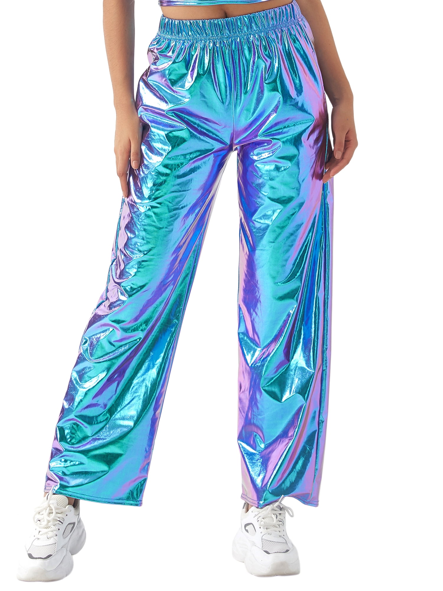Womens Metallic Shiny Pants Elastic Waist Solid Loose
