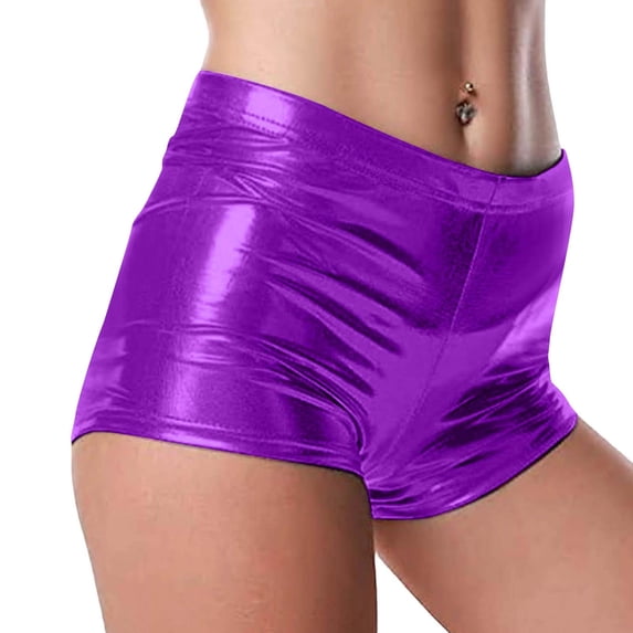 Womens Metallic Shiny Shorts Faux Leather Shorts Hot Pants Bottoms for Dance Dance Disco Party Festival (L, Purple)