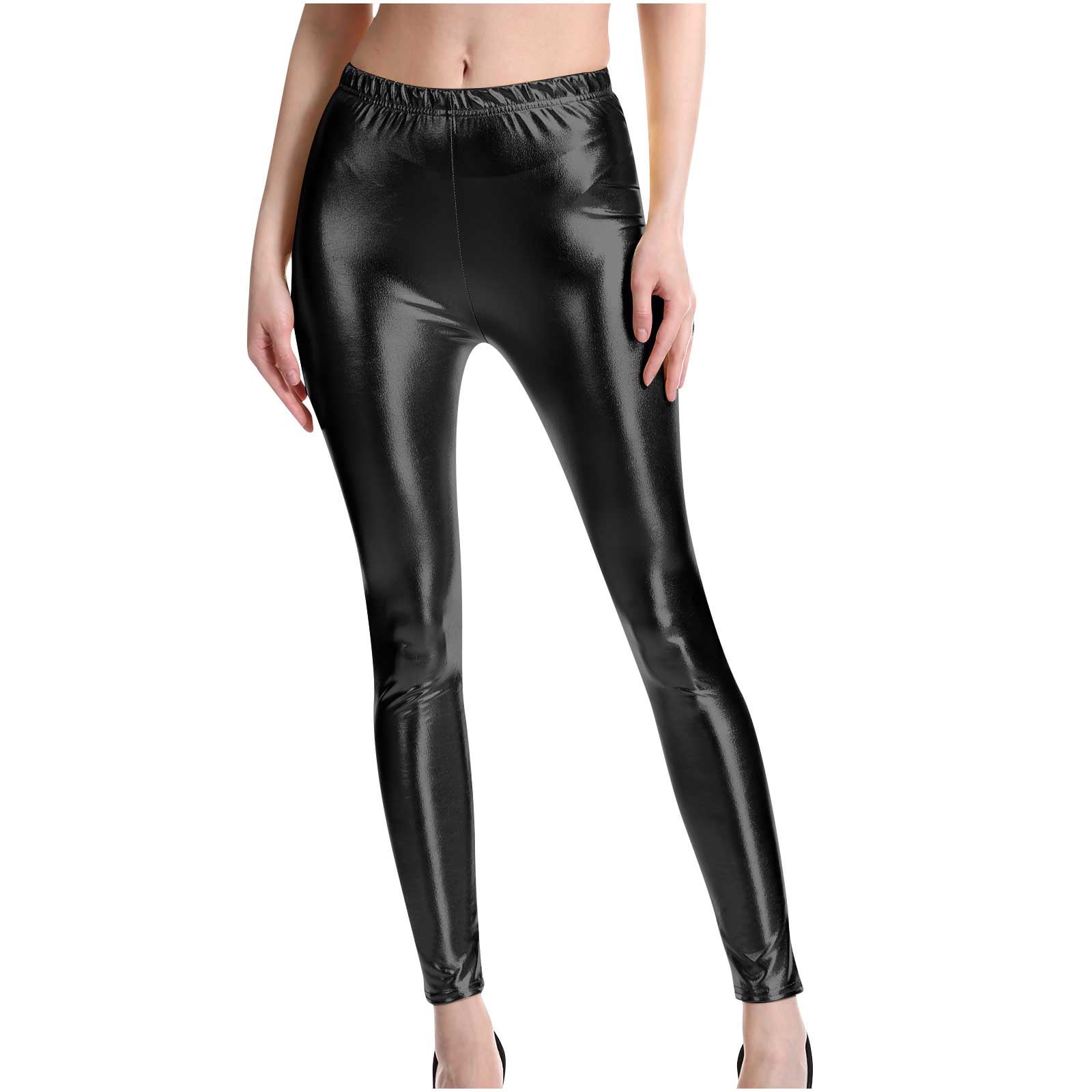Womens Metallic Shiny Stretch Leggings Elastic High Waist Skinny Leather PU  Pants Trousers Clubwear for Women Womens Clothes
